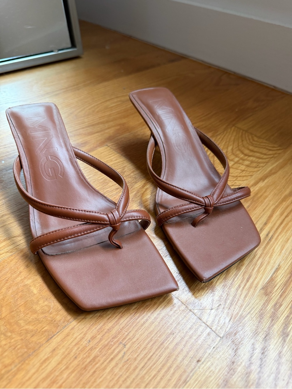 Mango Brown Square-Toe Knotted Strap Heeled Sandals, Size 38